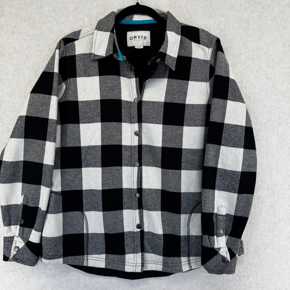 Orvis Womens Buffalo Plaid Fleece Lined Snap Front Shirt Jacket Black White L